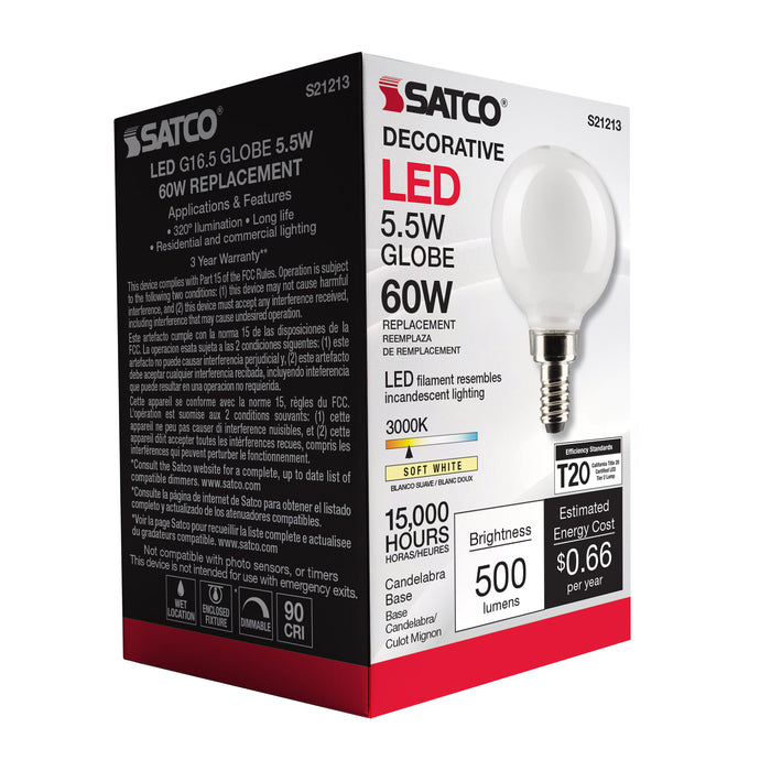 SATCO/NUVO 5.5W G16.5 LED White Candelabra Base 90 CRI 3000K 120V (S21213)