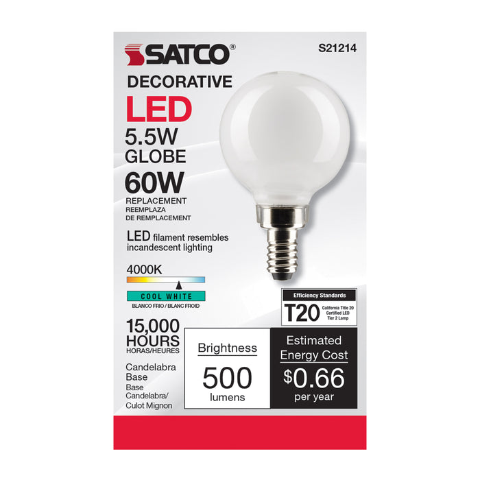SATCO/NUVO 5.5W G16.5 LED White Candelabra Base 90 CRI 4000K 120V (S21214)