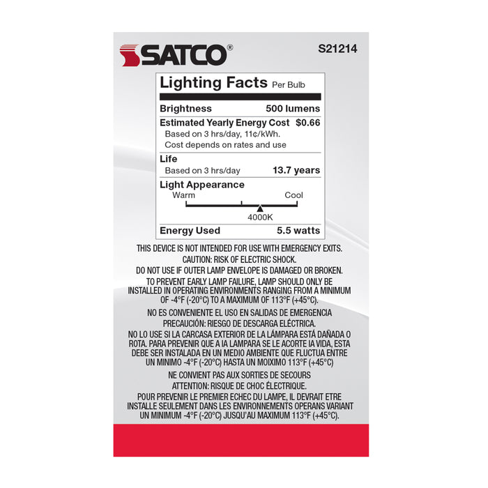 SATCO/NUVO 5.5W G16.5 LED White Candelabra Base 90 CRI 4000K 120V (S21214)