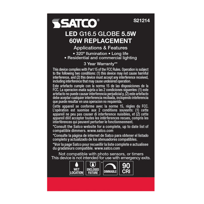 SATCO/NUVO 5.5W G16.5 LED White Candelabra Base 90 CRI 4000K 120V (S21214)