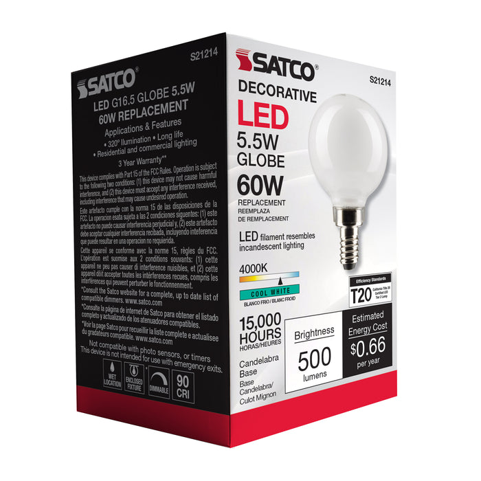 SATCO/NUVO 5.5W G16.5 LED White Candelabra Base 90 CRI 4000K 120V (S21214)
