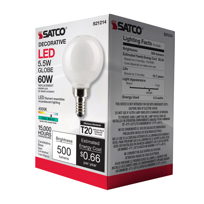 SATCO/NUVO 5.5W G16.5 LED White Candelabra Base 90 CRI 4000K 120V (S21214)