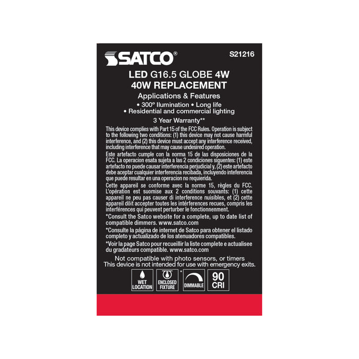 SATCO/NUVO 4W G16.5 LED Clear Medium Base 90 CRI 3000K 120V (S21216)