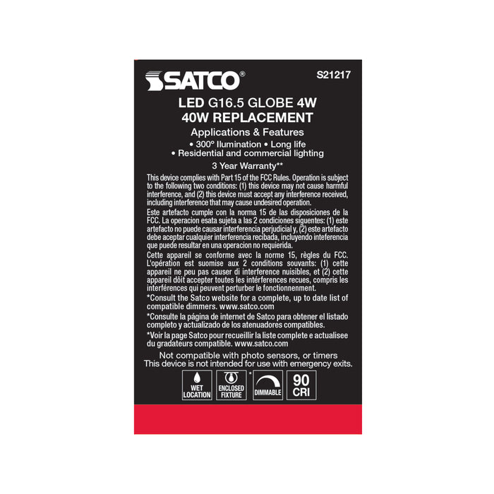 SATCO/NUVO 4W G16.5 LED Clear Medium Base 90 CRI 4000K 120V (S21217)