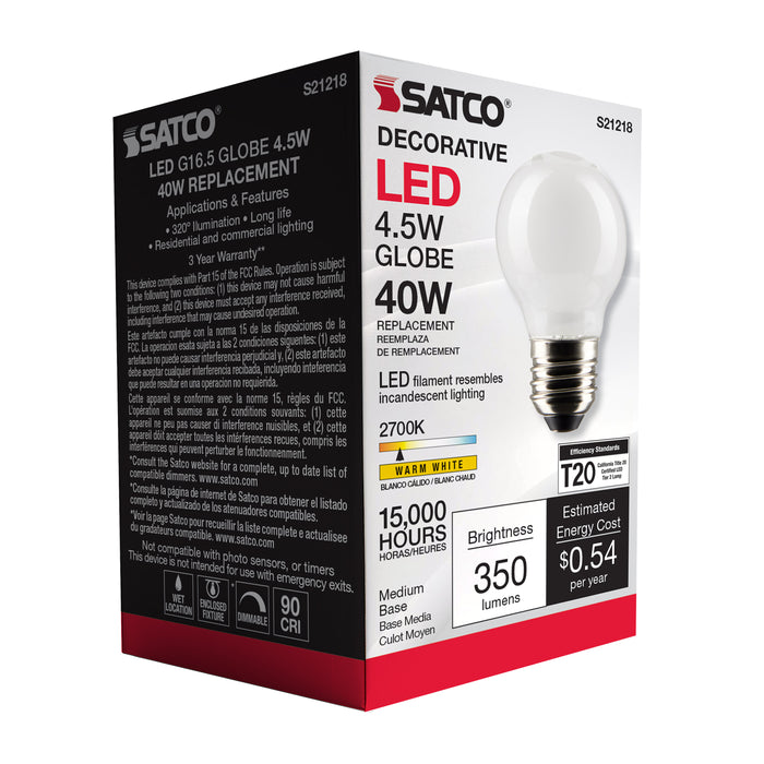 SATCO/NUVO 4.5W G16.5 LED White Medium Base 90 CRI 2700K 120V (S21218)