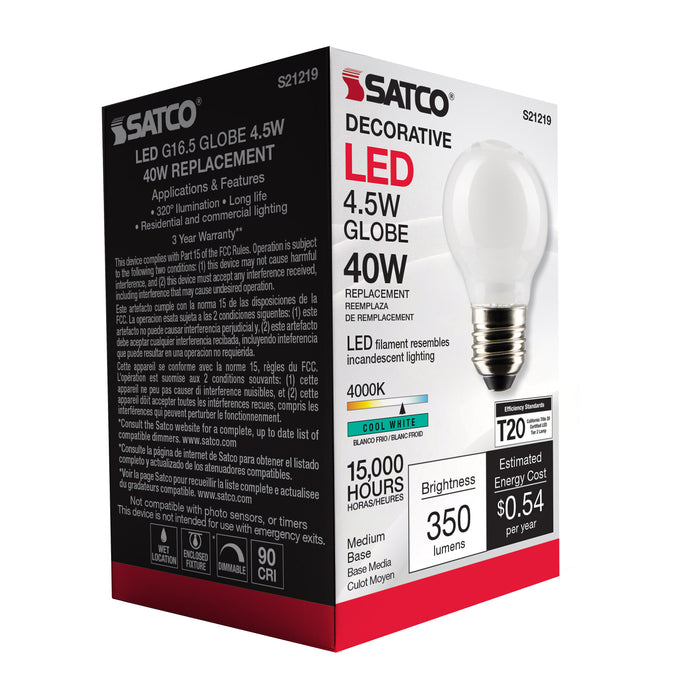 SATCO/NUVO 4.5W G16.5 LED White Medium Base 90 CRI 4000K 120V (S21219)