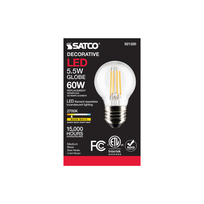 SATCO/NUVO 5.5W G16.5 LED Clear Medium Base 90 CRI 2700K 120V (S21220)