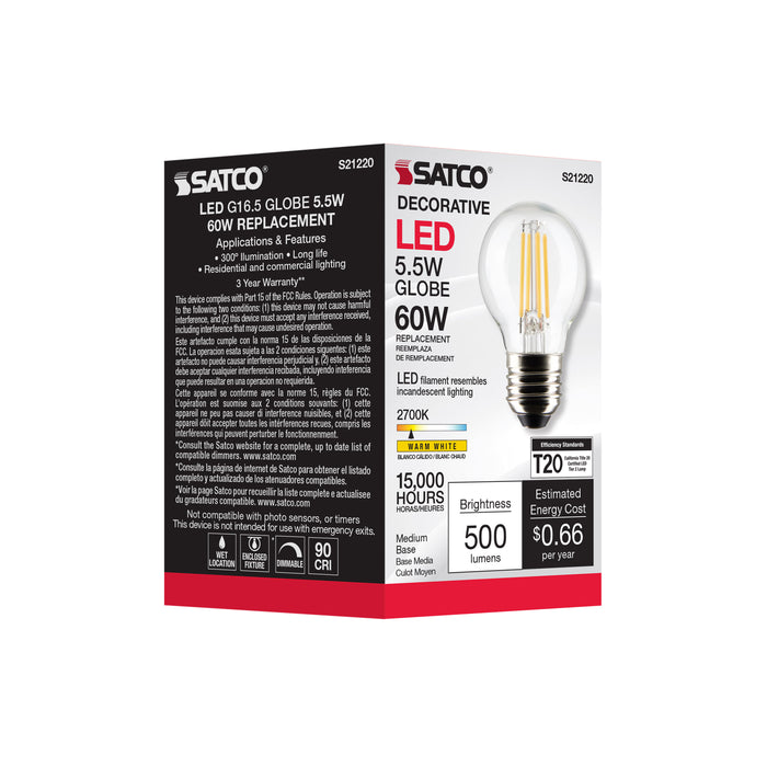 SATCO/NUVO 5.5W G16.5 LED Clear Medium Base 90 CRI 2700K 120V (S21220)