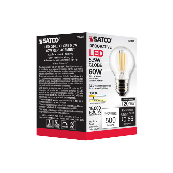 SATCO/NUVO 5.5W G16.5 LED Clear Medium Base 90 CRI 3000K 120V (S21221)