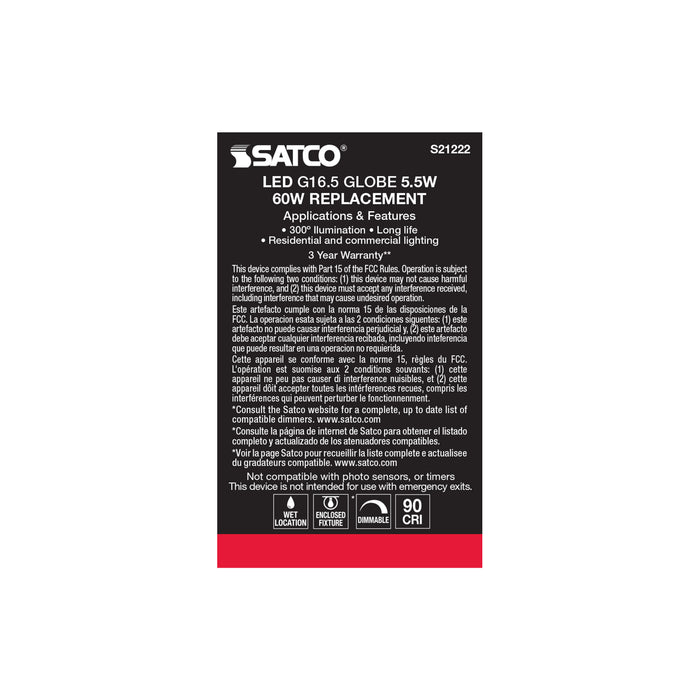 SATCO/NUVO 5.5W G16.5 LED Clear Medium Base 90 CRI 4000K 120V (S21222)