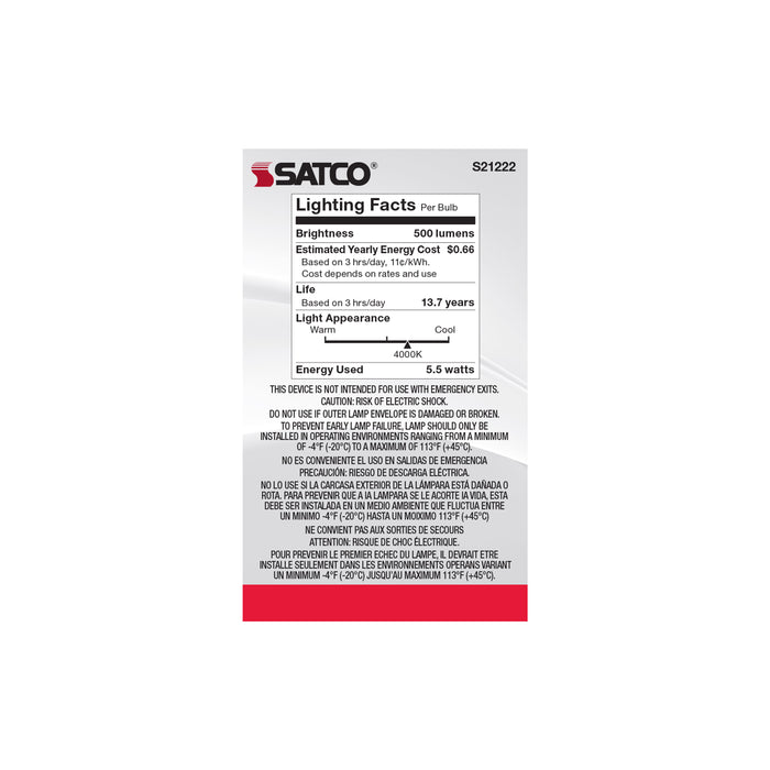 SATCO/NUVO 5.5W G16.5 LED Clear Medium Base 90 CRI 4000K 120V (S21222)