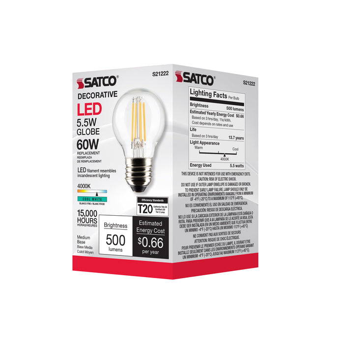 SATCO/NUVO 5.5W G16.5 LED Clear Medium Base 90 CRI 4000K 120V (S21222)