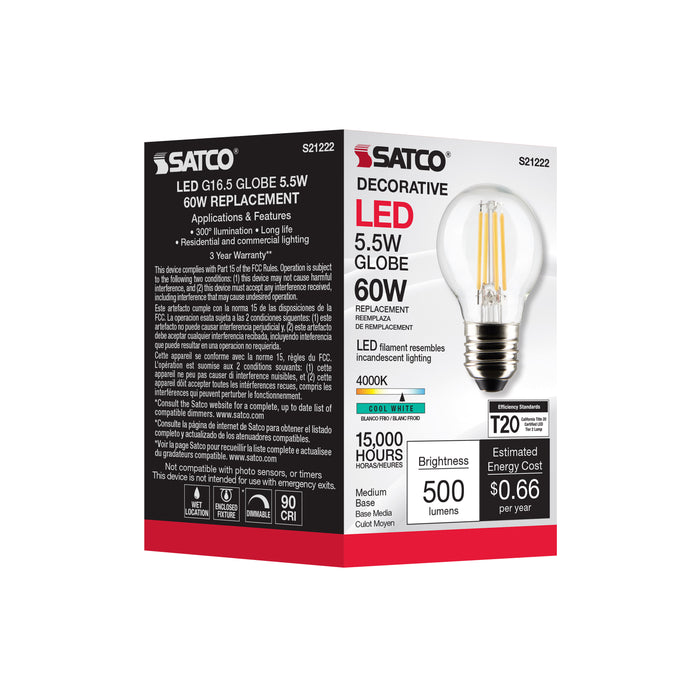 SATCO/NUVO 5.5W G16.5 LED Clear Medium Base 90 CRI 4000K 120V (S21222)