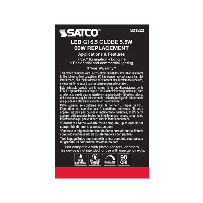 SATCO/NUVO 5.5W G16.5 LED White Medium Base 90 CRI 2700K 120V (S21223)