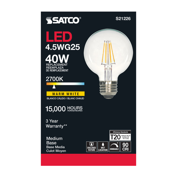 SATCO/NUVO 4.5W G25 LED Clear Medium Base 90 CRI 2700K 120V (S21226)