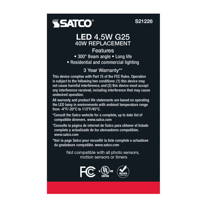 SATCO/NUVO 4.5W G25 LED Clear Medium Base 90 CRI 2700K 120V (S21226)