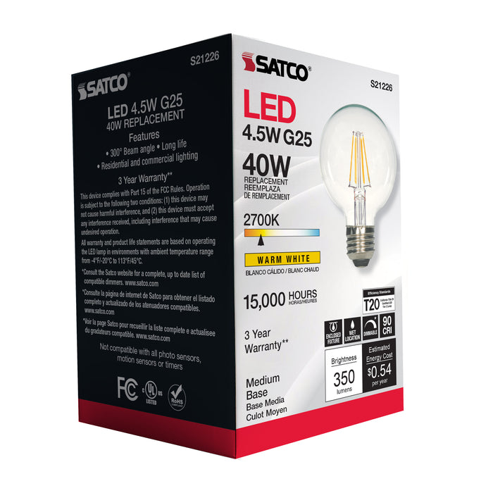 SATCO/NUVO 4.5W G25 LED Clear Medium Base 90 CRI 2700K 120V (S21226)