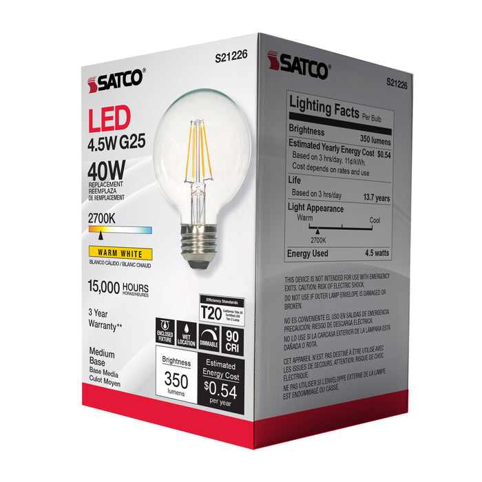 SATCO/NUVO 4.5W G25 LED Clear Medium Base 90 CRI 2700K 120V (S21226)