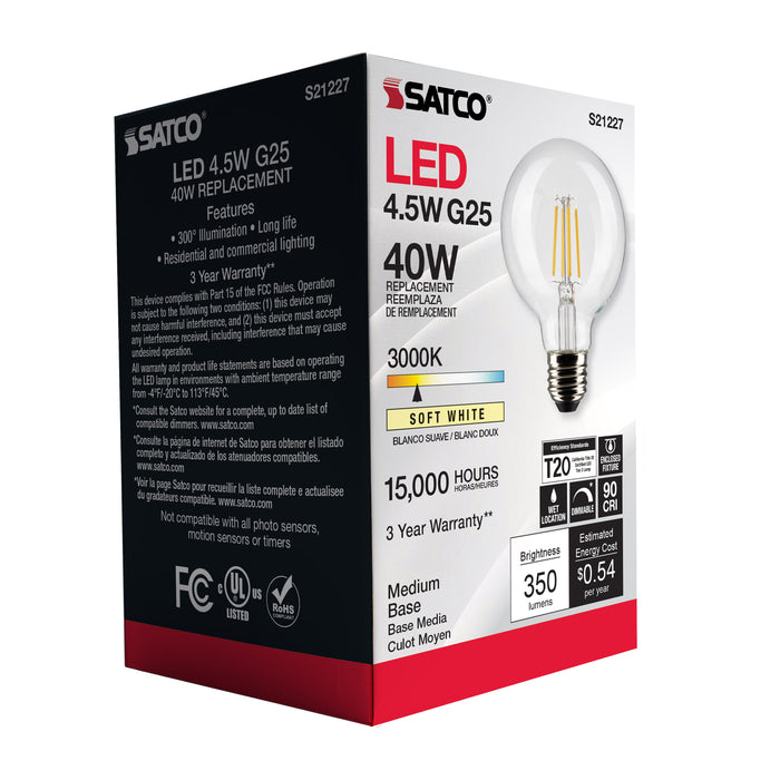 SATCO/NUVO 4.5W G25 LED Clear Medium Base 90 CRI 3000K 120V (S21227)