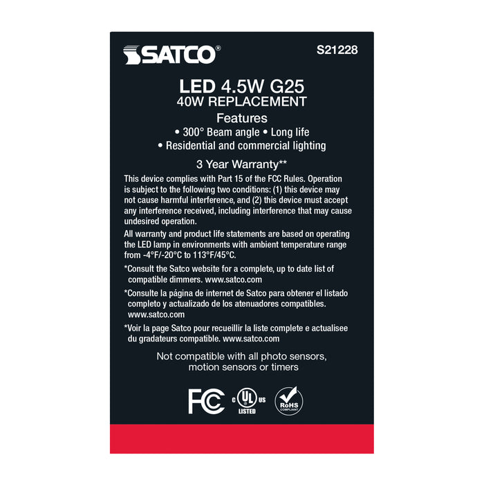 SATCO/NUVO 4.5W G25 LED Clear Medium Base 90 CRI 4000K 120V (S21228)