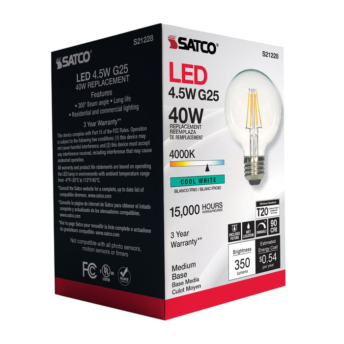 SATCO/NUVO 4.5W G25 LED Clear Medium Base 90 CRI 4000K 120V (S21228)
