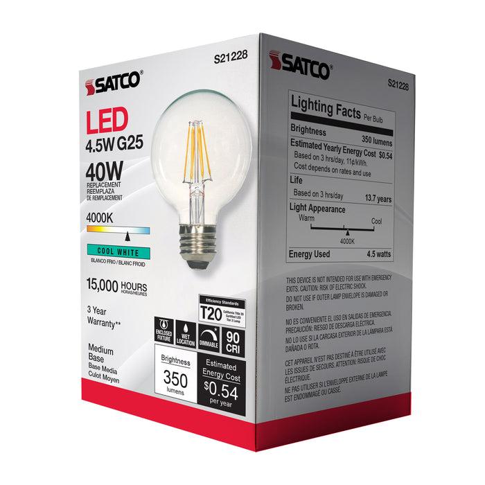 SATCO/NUVO 4.5W G25 LED Clear Medium Base 90 CRI 4000K 120V (S21228)