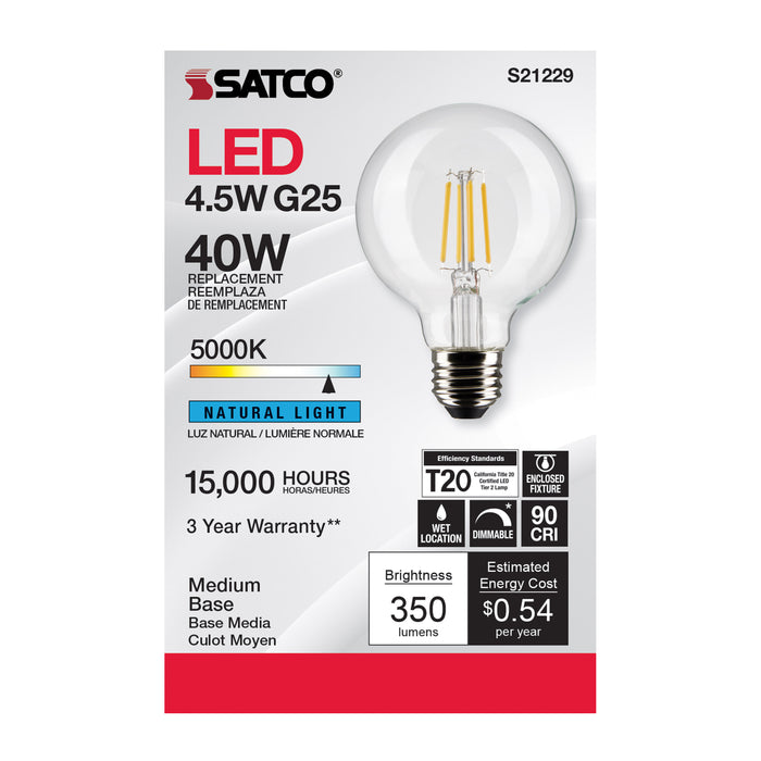 SATCO/NUVO 4.5W G25 LED Clear Medium Base 90 CRI 5000K 120V (S21229)