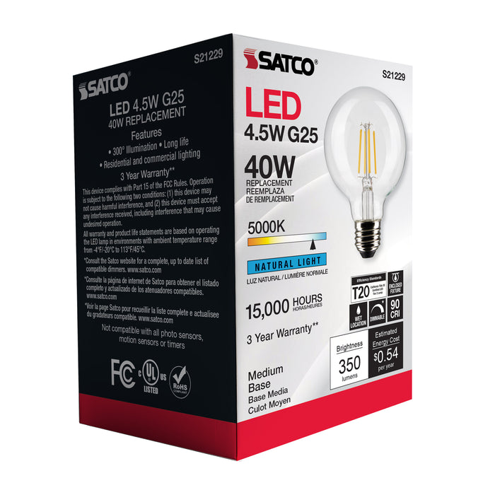 SATCO/NUVO 4.5W G25 LED Clear Medium Base 90 CRI 5000K 120V (S21229)
