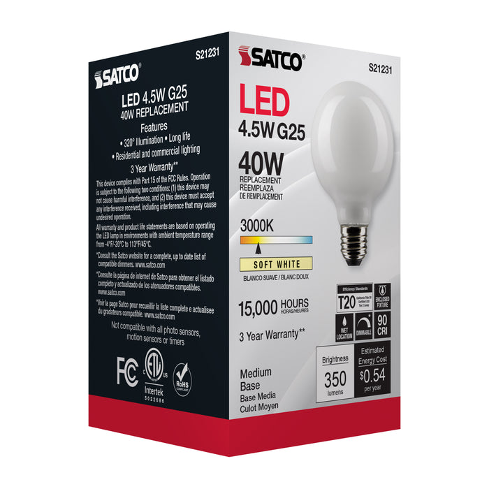 SATCO/NUVO 4.5W G25 LED White Medium Base 90 CRI 3000K 120V (S21231)