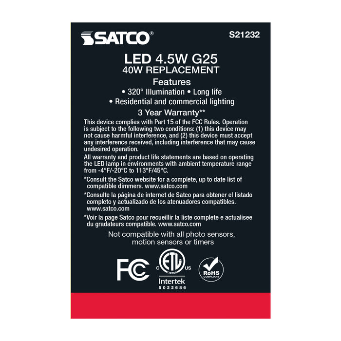 SATCO/NUVO 4.5W G25 LED White Medium Base 90 CRI 4000K 120V (S21232)