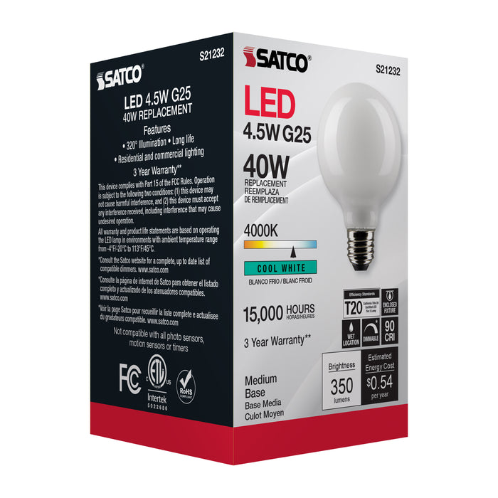 SATCO/NUVO 4.5W G25 LED White Medium Base 90 CRI 4000K 120V (S21232)