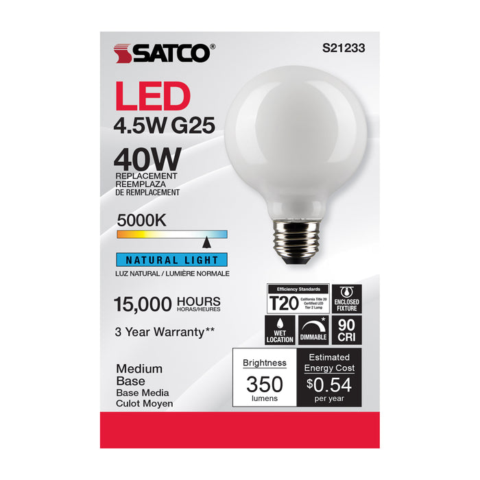 SATCO/NUVO 4.5W G25 LED White Medium Base 90 CRI 5000K 120V (S21233)