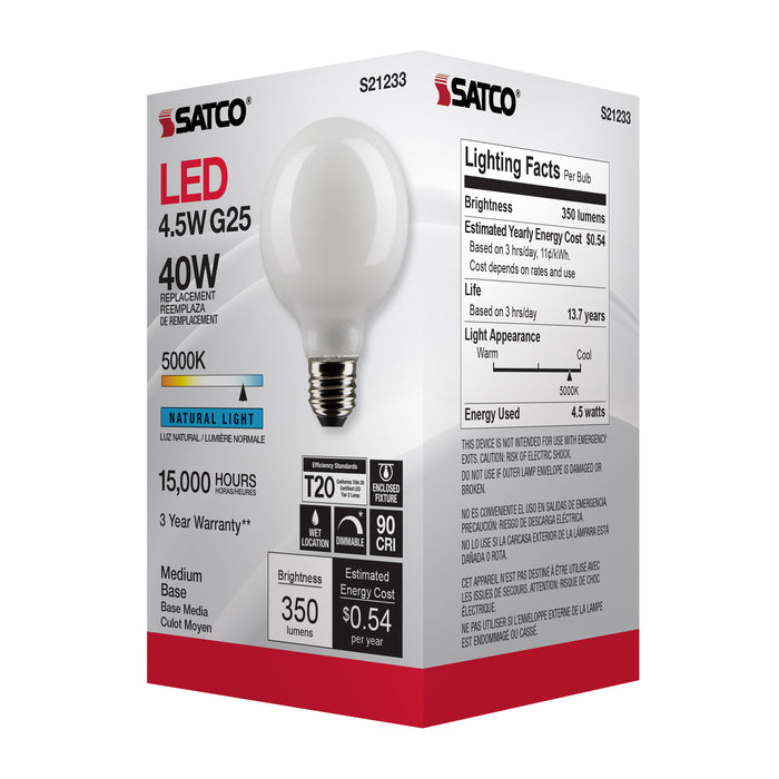 SATCO/NUVO 4.5W G25 LED White Medium Base 90 CRI 5000K 120V (S21233)