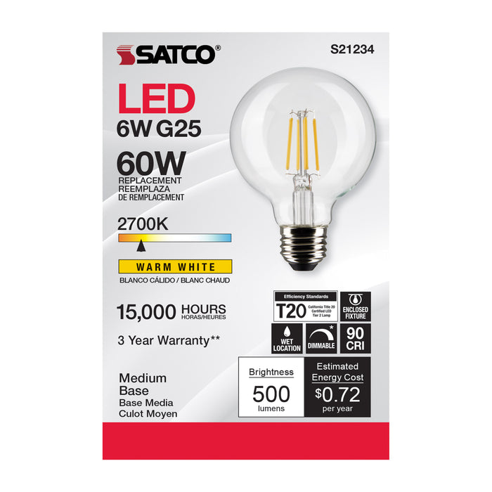 SATCO/NUVO 6W G25 LED Clear Medium Base 90 CRI 2700K 120V (S21234)