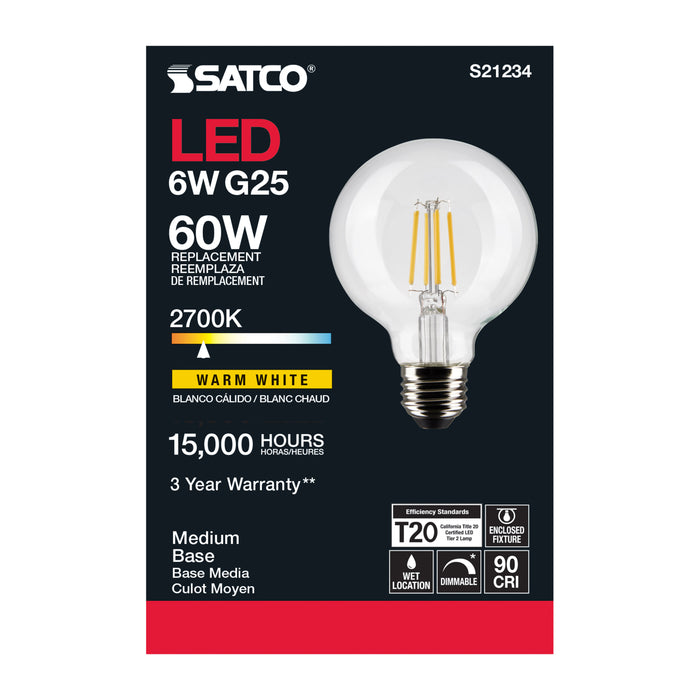 SATCO/NUVO 6W G25 LED Clear Medium Base 90 CRI 2700K 120V (S21234)