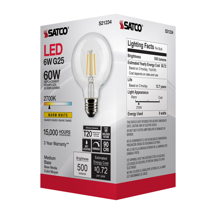 SATCO/NUVO 6W G25 LED Clear Medium Base 90 CRI 2700K 120V (S21234)