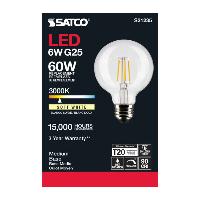 SATCO/NUVO 6W G25 LED Clear Medium Base 90 CRI 3000K 120V (S21235)