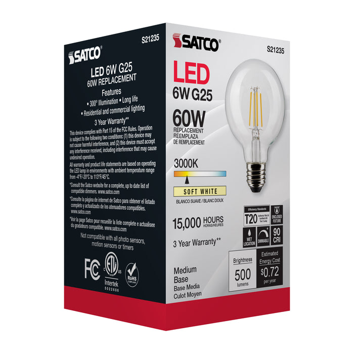 SATCO/NUVO 6W G25 LED Clear Medium Base 90 CRI 3000K 120V (S21235)