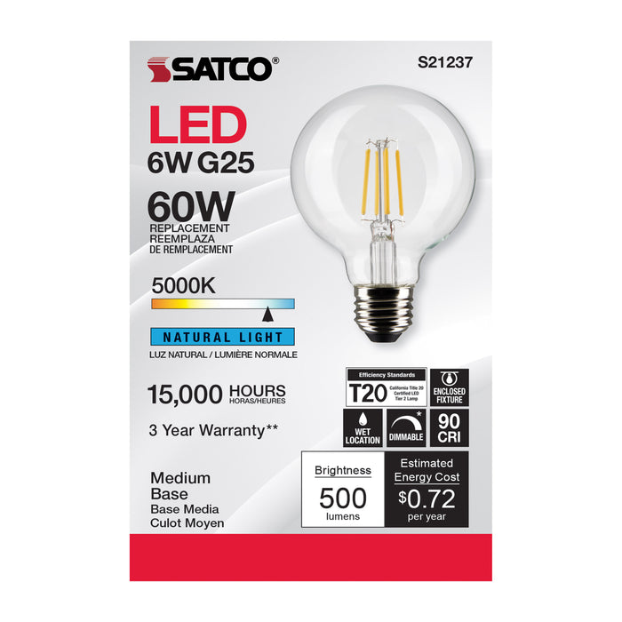 SATCO/NUVO 6W G25 LED Clear Medium Base 90 CRI 5000K 120V (S21237)