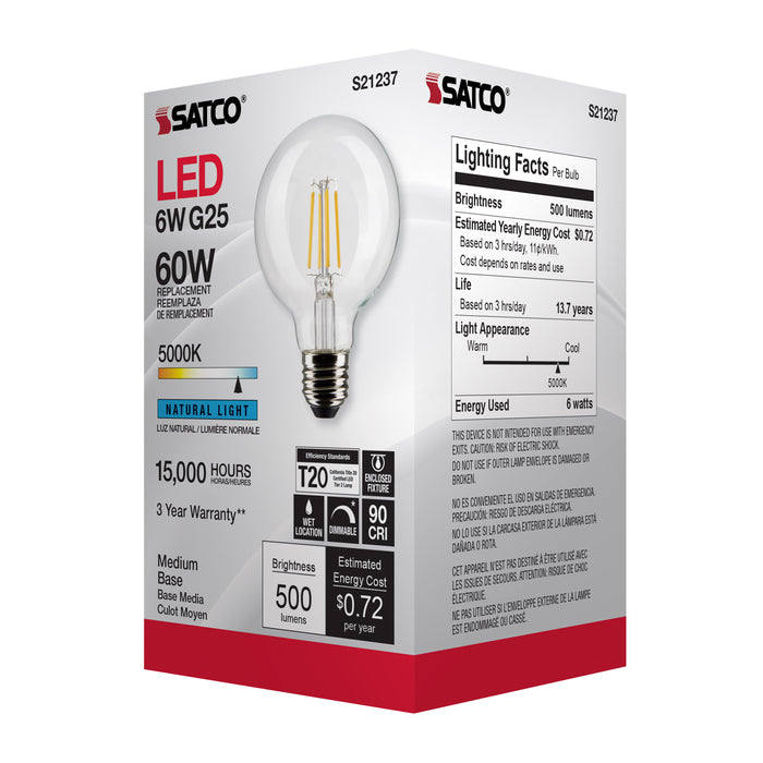 SATCO/NUVO 6W G25 LED Clear Medium Base 90 CRI 5000K 120V (S21237)