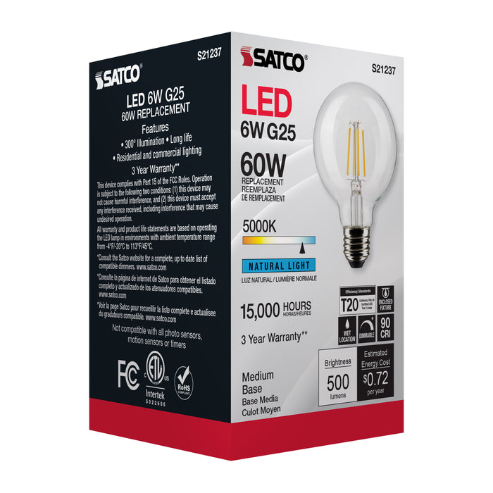 SATCO/NUVO 6W G25 LED Clear Medium Base 90 CRI 5000K 120V (S21237)