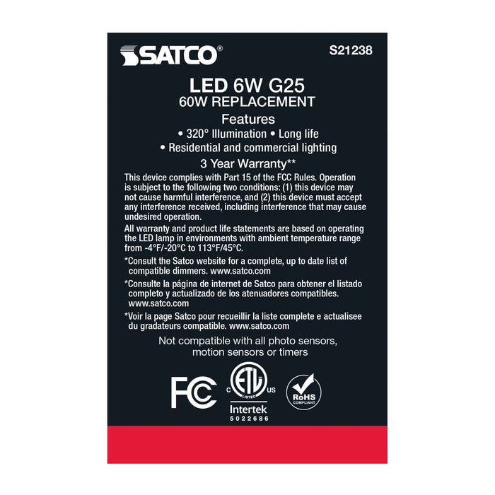 SATCO/NUVO 6W G25 LED White Medium Base 90 CRI 2700K 120V (S21238)