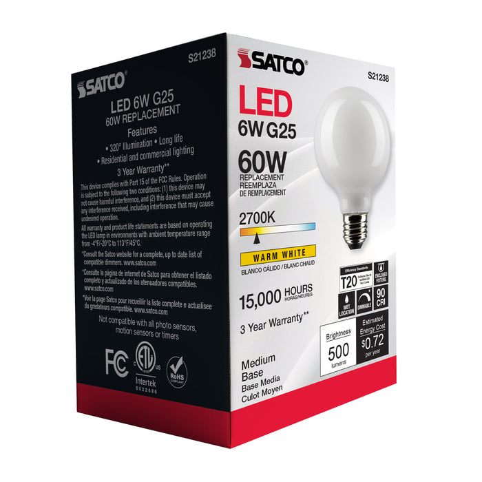 SATCO/NUVO 6W G25 LED White Medium Base 90 CRI 2700K 120V (S21238)