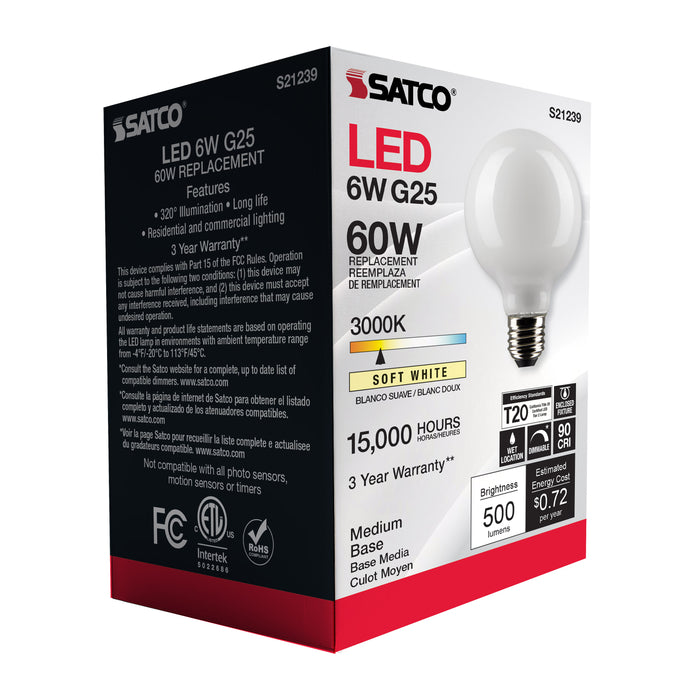 SATCO/NUVO 6W G25 LED White Medium Base 90 CRI 3000K 120V (S21239)