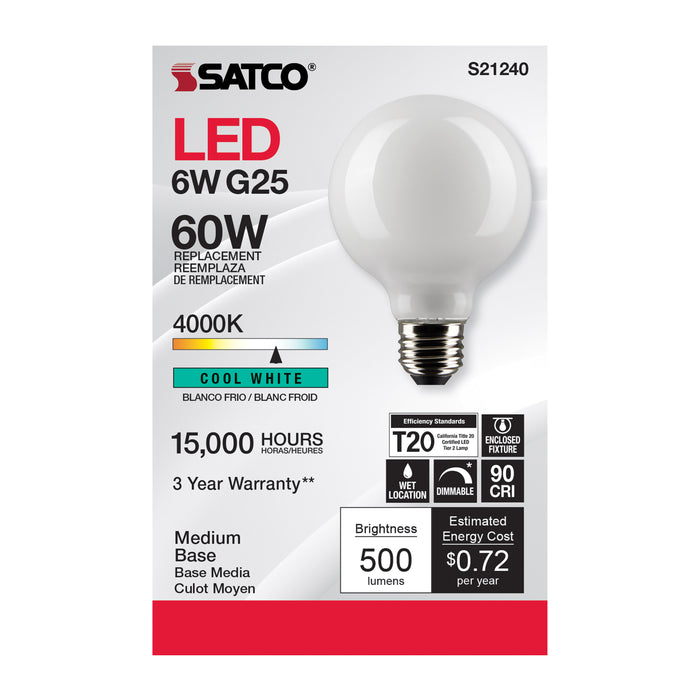 SATCO/NUVO 6W G25 LED White Medium Base 90 CRI 4000K 120V (S21240)