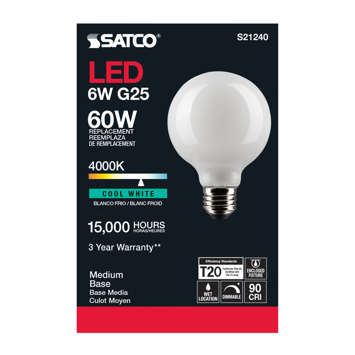 SATCO/NUVO 6W G25 LED White Medium Base 90 CRI 4000K 120V (S21240)