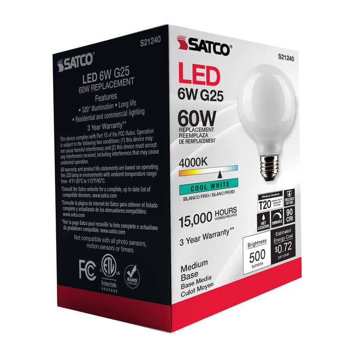 SATCO/NUVO 6W G25 LED White Medium Base 90 CRI 4000K 120V (S21240)