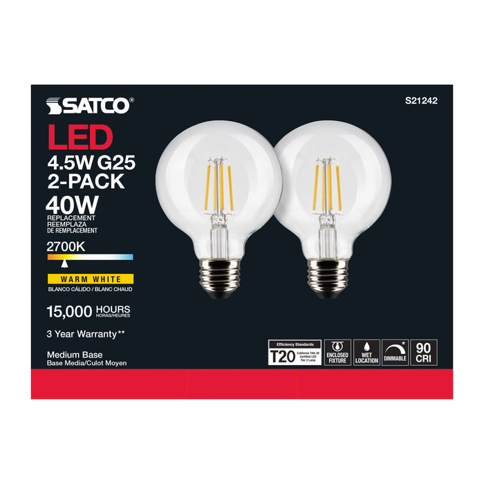 SATCO/NUVO 4.5W G25 LED Clear Medium Base 90 CRI 2700K 120V 2 Pack (S21242)