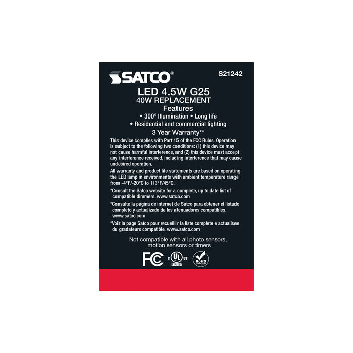 SATCO/NUVO 4.5W G25 LED Clear Medium Base 90 CRI 2700K 120V 2 Pack (S21242)