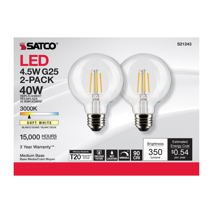 SATCO/NUVO 4.5W G25 LED Clear Medium Base 90 CRI 3000K 120V 2 Pack (S21243)